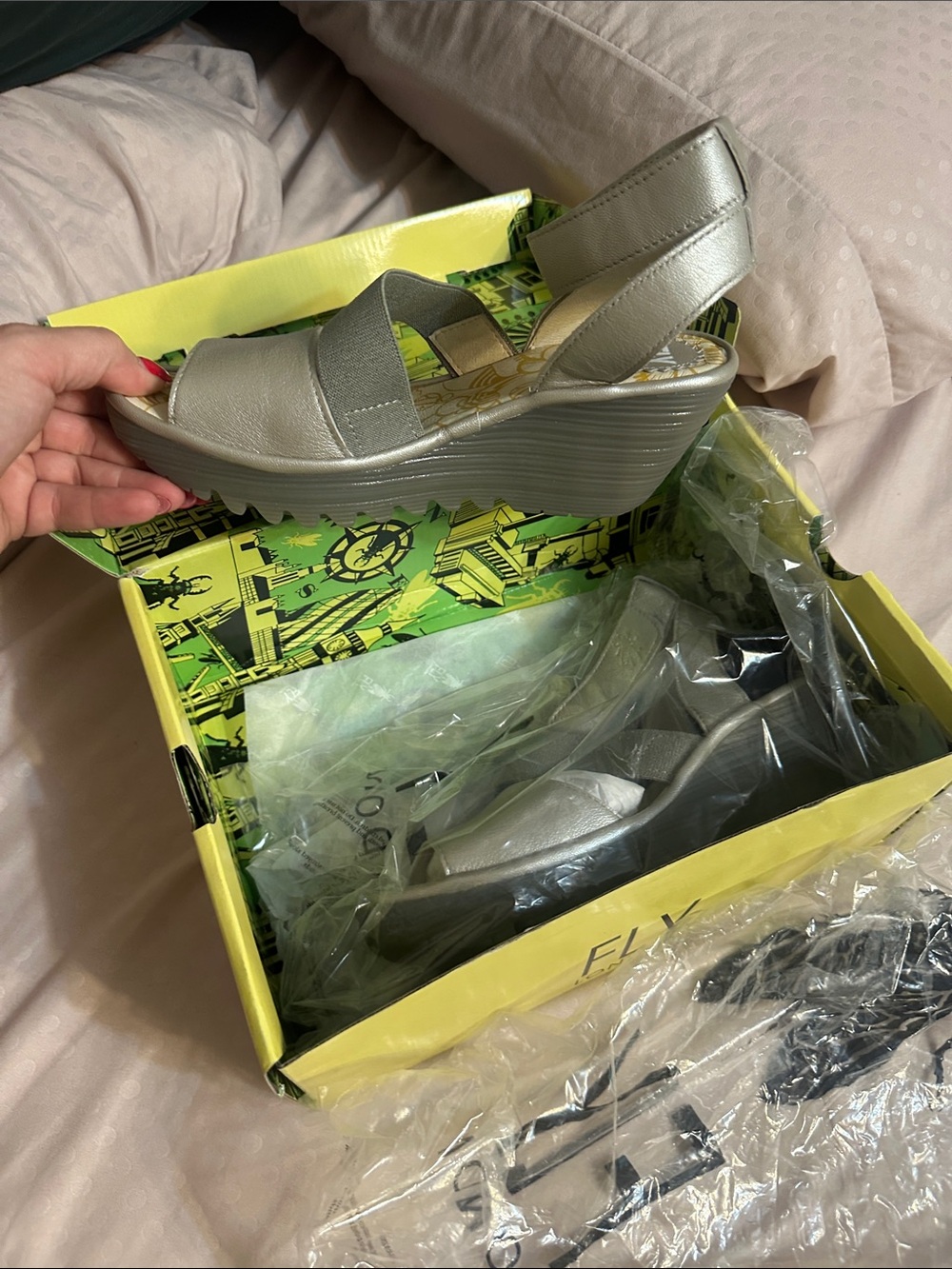 NIB FLY London Women's Silver “Bourgogna” Wedge Sandals sz:38